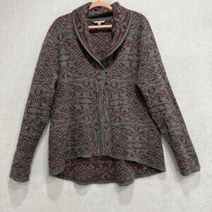 Royal Robbins Sweater Cardigan Womens XL Gray Maroon Cowl Neck Geometric Knit